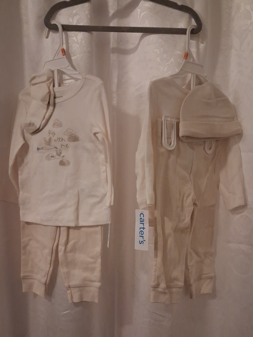Carter's Cream and Beige Baby Two-Piece Set Romper Matching Hat & Socks